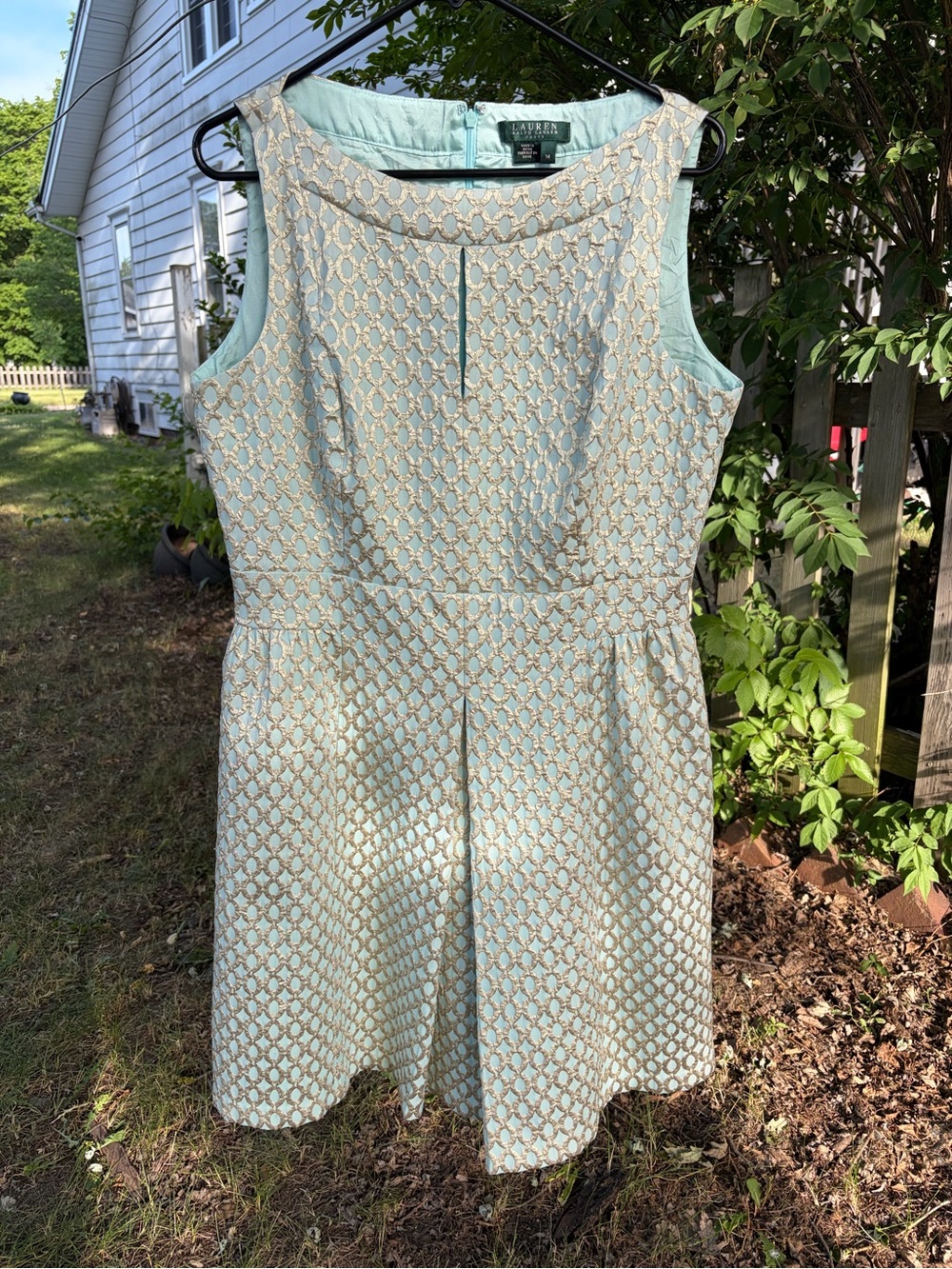 Lauren Ralph Lauren Aqua and Gold Brocade Fit & Flare Dress